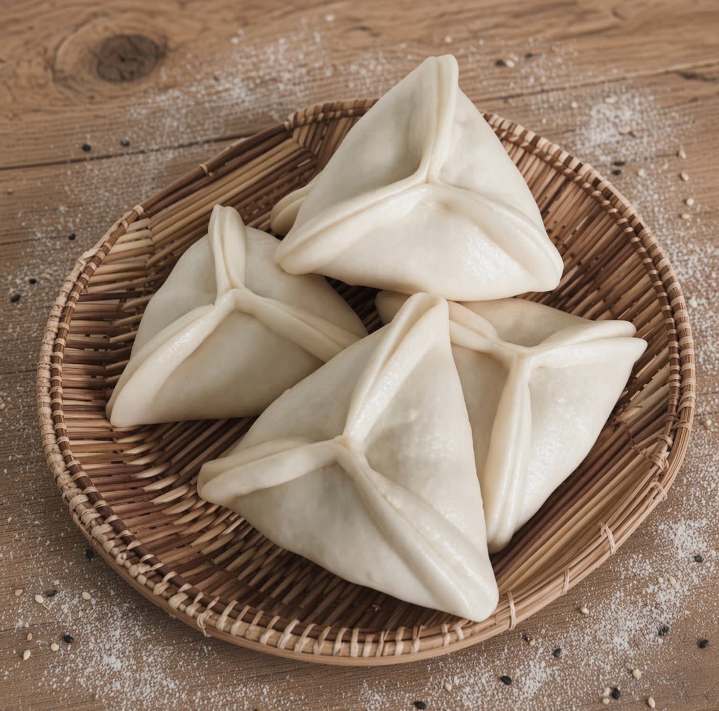 Black Sesame Sugar Bun (4 pcs) - Steamed triangle bun with black sesame and sugar in the fold. Four pieces. | Steamed Buns